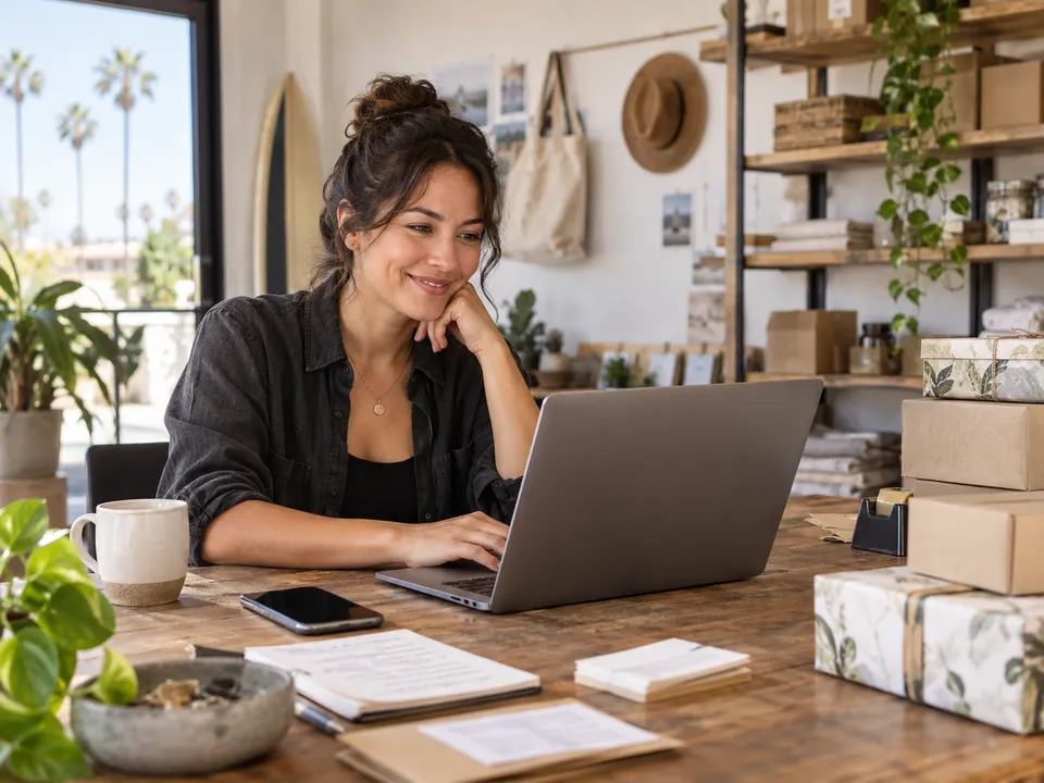 A small-business owner working with an organized digital workflow