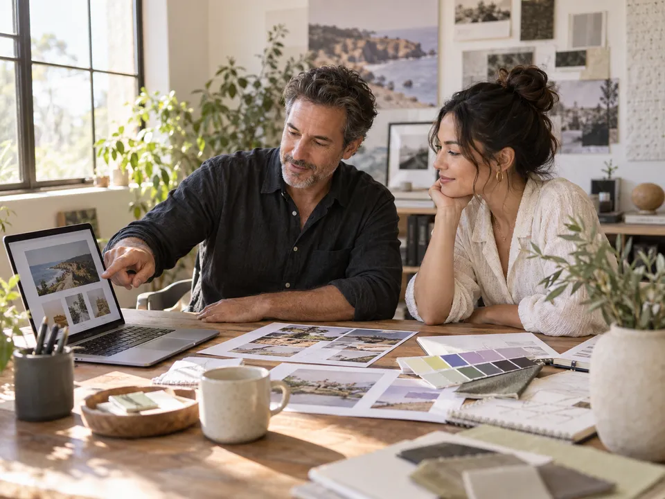 A creative professional and client reviewing website and brand materials
